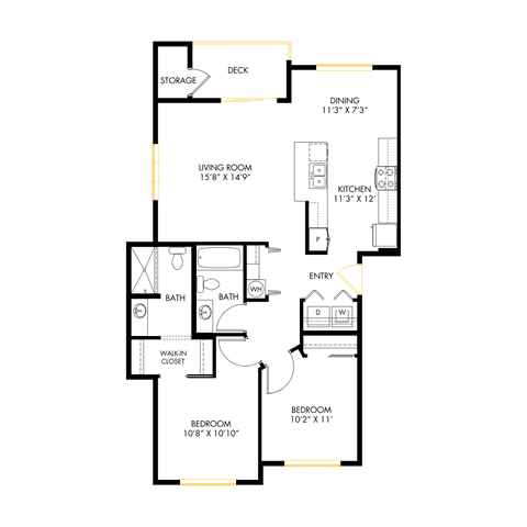 A floor plan of a house with a living room, dining room, kitchen, two bedrooms, a bath, and a walk-in closet.